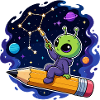 Alien auf Bleistift im Sternenhimmel