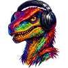 Velociraptor with over-ear headphones