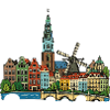 Netherlands Canal Houses Windmill Retro Sketch