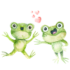 Two cheerful frogs singing with hearts