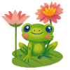 Cute frog with pink water lilies