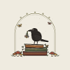 Crow on books with flowers