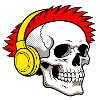 Punk skull with headphones & red mohawk