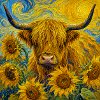 Sunny Highland Cow in Sunflowers