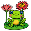 Frog between blooming water lilies