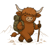 Hiking highland cattle with backpack