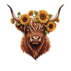 Sonnenblumenkranz am Highland-Rind