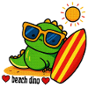 Beach dinosaur with surfboard