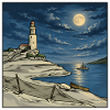 Moonlit Lighthouse Coastal Retro Illustration