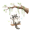 Raccoon on swing under cherry blossoms