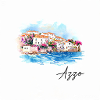 Azzo Coastal Harbour Watercolour Painting