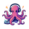 Octopus DJ with headphones on turntable