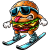 Funny skier with cheeseburger comic