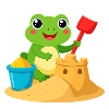 Kawaii frog with shovel, bucket & sandcastle