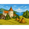 Medieval Castle by Lake and Haystacks