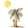 Sonnenbeschienene Palmen-Surfbrett-Szene