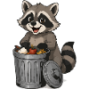 Waschbär mit Obst in Mülltonne