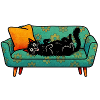 Black cat relaxing on retro sofa