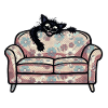 Freche schwarze Katze hinter dem Blumensofa