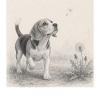 Beagle Pencil Drawing with Dandelion