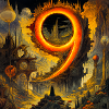Fire-like nine in surreal landscape