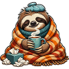 Slumbering sloth with coffee mug