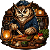 Owl chef in a hoodie cutting
