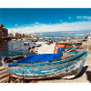 Blue boats in the harbor
