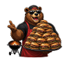 Bear grill master with burger stack