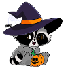 Snuggles der Waschbär im Halloweenkostüm.