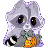 Snuggles the raccoon in ghost costume