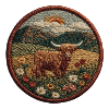 Highland cow patch in mountain landscape