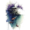 Aquarell-Koi und Kirschpagode