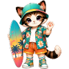 Kawaii tropical surfer cat