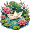Origami Papierboot auf Seerosensee