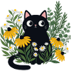 Black cat in flower garden illustration