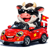 Tough cow in red convertible
