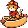Firefighter cat on a hot dog