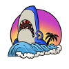 Shark surfer at sunset wave