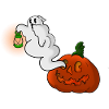Ghost with lantern over pumpkin