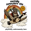Waschbär Ritter auf Regenbogen Gans