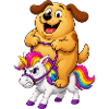 Hund reitet grummeliges Regenbogen-Einhorn