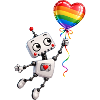 Fröhlicher Roboter mit Regenbogenballon