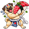 Sumo Mops umarmt riesiges Sushi