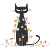 Schwarze Katze mit Weihnachtsbeleuchtung