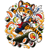Tiger zerreißt ein Sushi-Roll-Skateboard