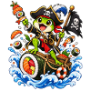 Piratenfrosch segelt ein Sushi-Roll-Schiff