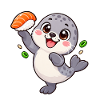 Robbenbaby balanciert einen Lachs Nigiri