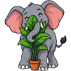 Glücklicher Elefant umarmt eine Topfpflanze