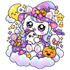 Kawaii-Hexenkatze auf den Wolken